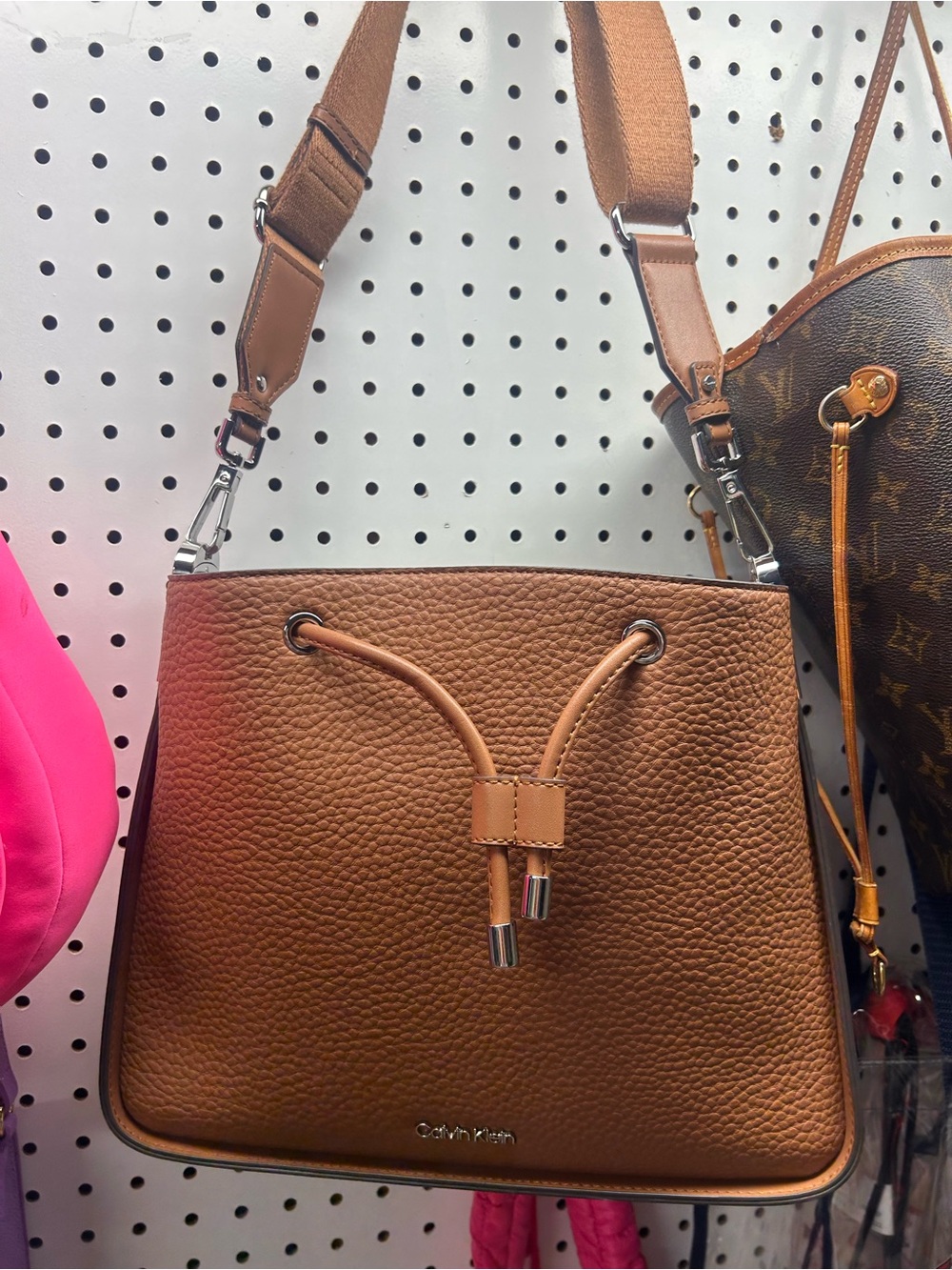 Calvin Klein Tan Pebbled Leather Drawstring Shoulder Bag